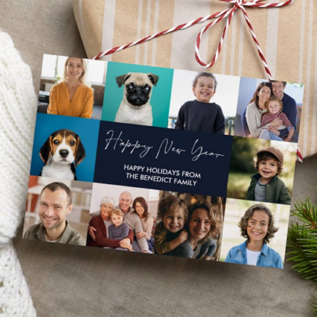CARTES POUR FÊTES ANNUELLES HEUREUSE NOUVELLE ANNÉE 10 PHOTOS BLUE (10 photo new year card digital download calligraphy elegant script)