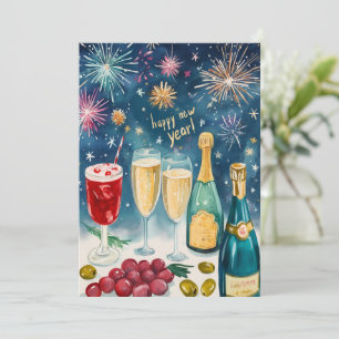 Cartes Pour Fêtes Annuelles HEUREUSE NOUVELLE ANNÉE Aquarelle Bubbly Fireworks