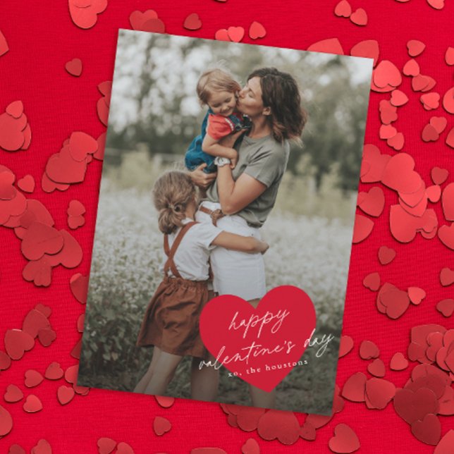 Cartes Pour Fêtes Annuelles Heureuse Sainte-Valentin de script de coeur simple (Simple heart minimal happy photo valentine's day card.)