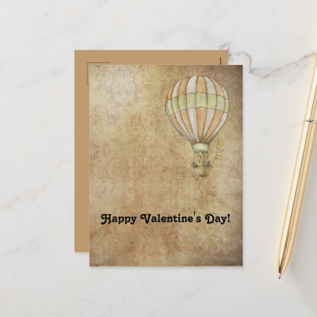 Cartes Pour Fêtes Annuelles Heureuse Sainte-Valentin Hot Air Balloon Steampunk (Devant/Arrière en situation)