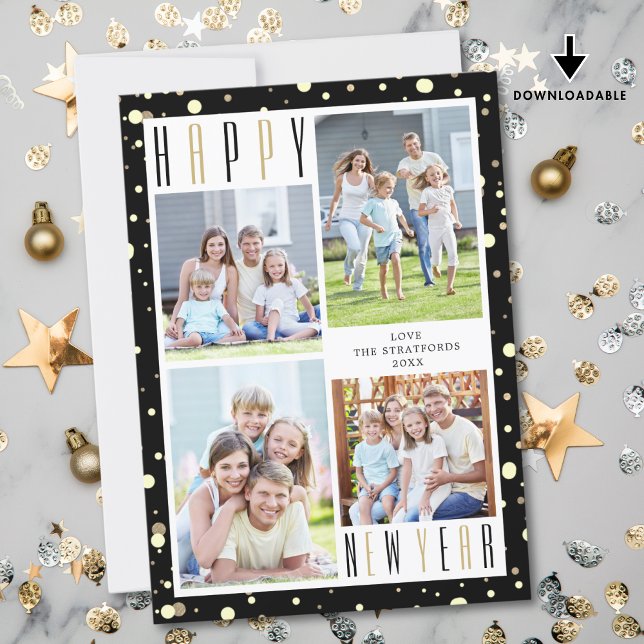Cartes Pour Fêtes Annuelles HEUREUX NEW YEAR Photo Collage Black Gold Confetti (Créateur téléchargé)