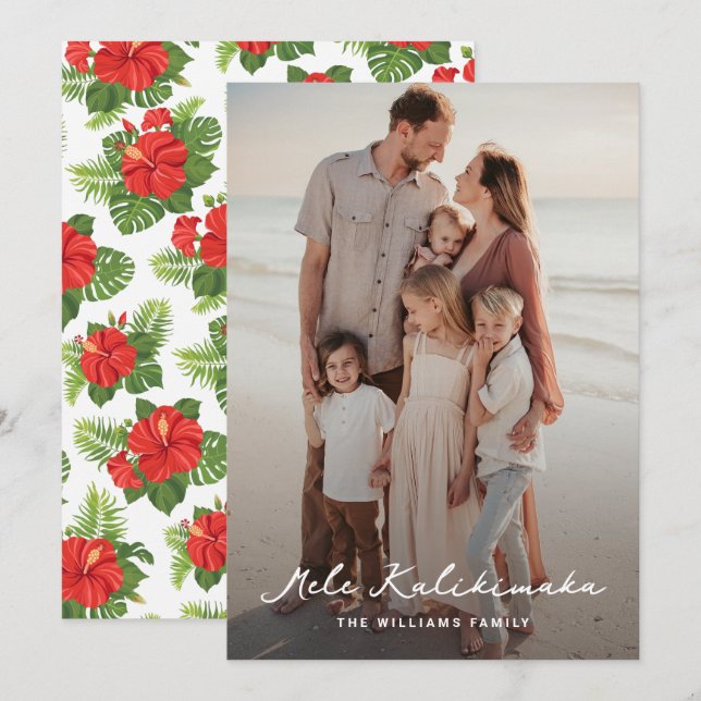 Cartes Pour Fêtes Annuelles Hibiscus Feuille tropical Photo Mele Kalikimaka (Devant / Derrière)