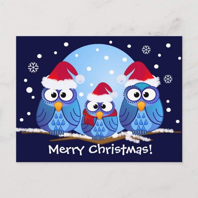 Cartes Pour Fêtes Annuelles Hiboux avec des casquettes de Père Noël (Devant)