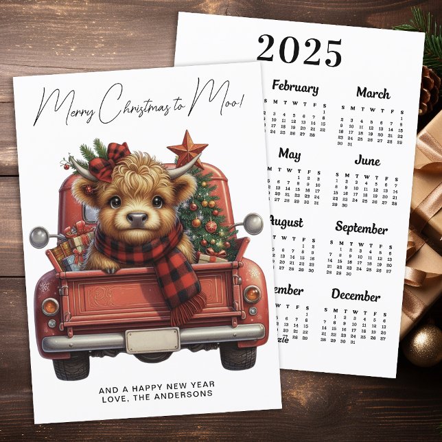 Cartes Pour Fêtes Annuelles Highland Cow 2025 Calendrier Camion rouge Noël (Créateur téléchargé)