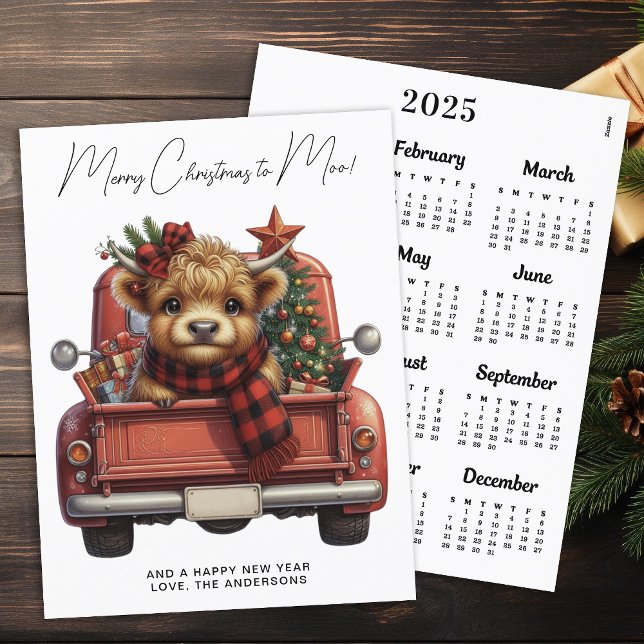 Cartes Pour Fêtes Annuelles Highland Cow 2025 Calendrier Camion rouge Noël (Créateur téléchargé)