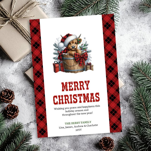 Cartes Pour Fêtes Annuelles Highland cow Christmas card with holly berries (Highland cow Christmas card with holly berries)