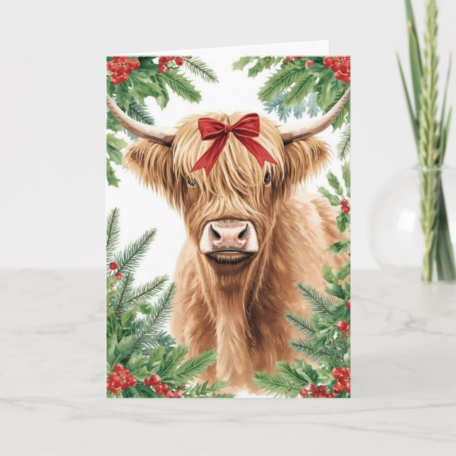 Cartes Pour Fêtes Annuelles Highland Cow Red Bow Christmas  (Devant)