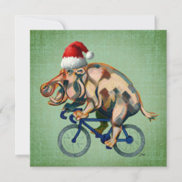 Cartes Pour Fêtes Annuelles Hippopotame à vélo avec chapeau de Père Noël