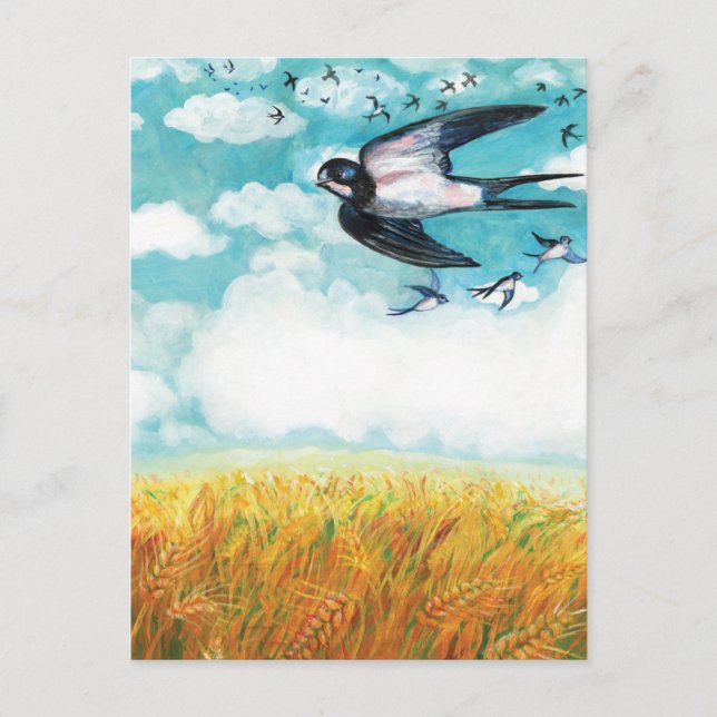 Cartes Pour Fêtes Annuelles Hirondelles survolant un champ de blé (Devant)