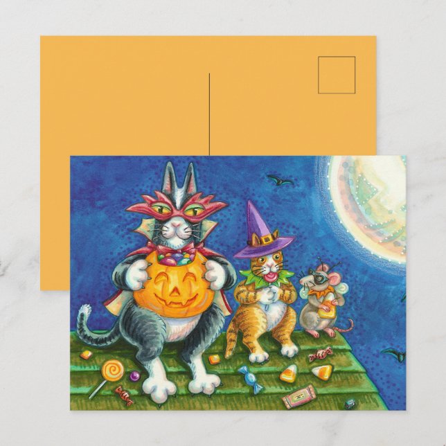 CARTES POUR FÊTES ANNUELLES HISS N'FITZ CHATS, TRICK OU TRAITER FUNNY HALLOWEE (Devant / Derrière)