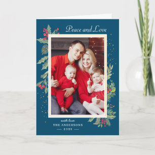 Cartes Pour Fêtes Annuelles Hiver Blue Peace and Love Holly Berries Photo
