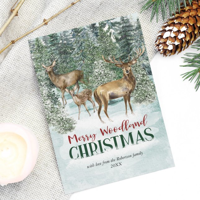 Cartes Pour Fêtes Annuelles Hiver Bois Cerf Noël Aquarelle de Noël (Créateur téléchargé)