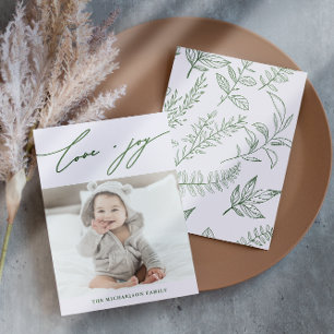 Cartes Pour Fêtes Annuelles Hiver Botanique violet Amour et Joie Script Photo
