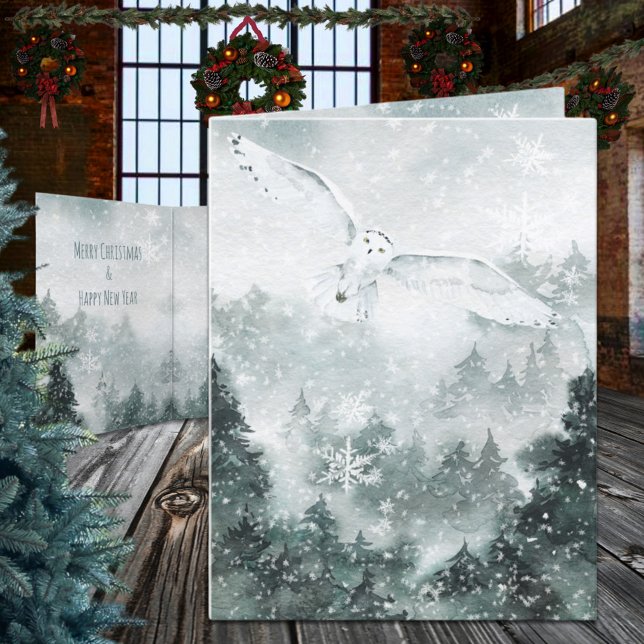 Cartes Pour Fêtes Annuelles Hiver Forêt de la montagne Woodland Grande Chouett (Winter Woodland Mountain Forest Great White Owl Christmas Holiday Wraparound Graphics Folded Card)