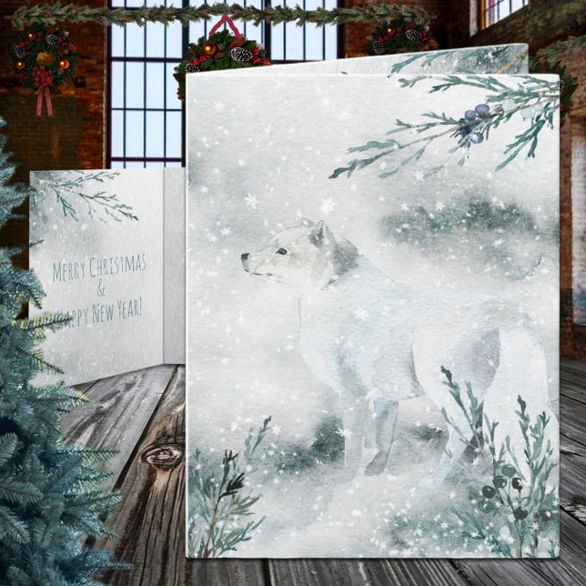 Cartes Pour Fêtes Annuelles Hiver neige blanc Vacances Renard arctique (Snowy Winter White Arctic Fox Christmas Holiday Wraparound Graphics Folded Card in two sizes)