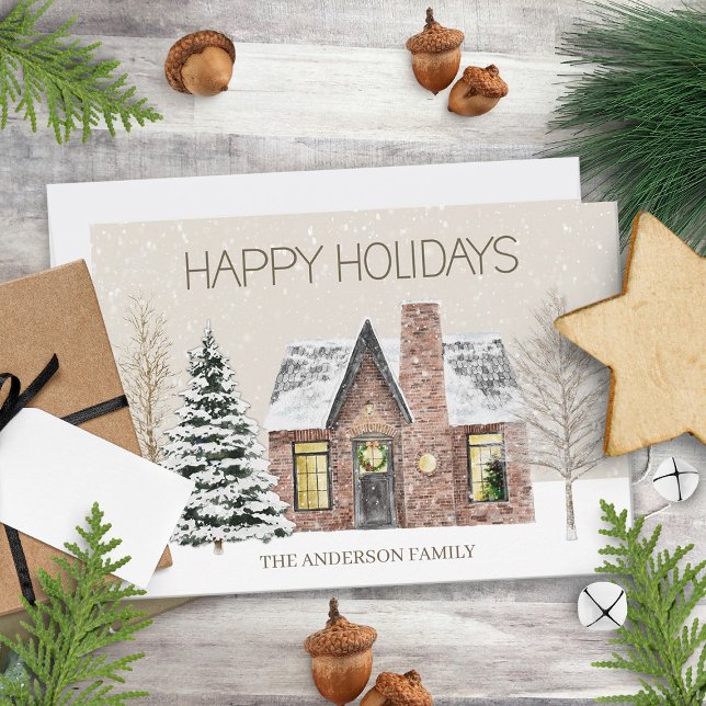 Cartes Pour Fêtes Annuelles Hiver Neige Maison Pine Arbre Joyeux Vacances (Créateur téléchargé)