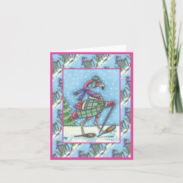 CARTES POUR FÊTES ANNUELLES HIVER SNOWSHOOWS & COAT PINK FLAMANT ROSE TREKKING (Devant)