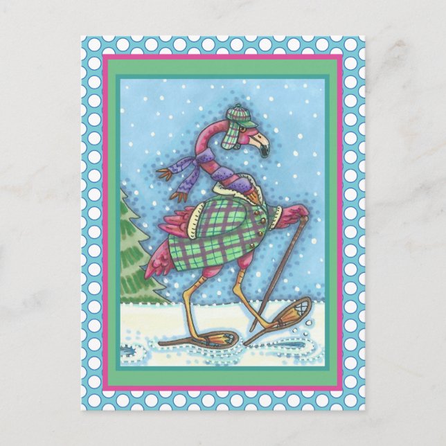 CARTES POUR FÊTES ANNUELLES HIVER SNOWSHOOWS & COAT PINK FLAMANT ROSE TREKKING (Devant)