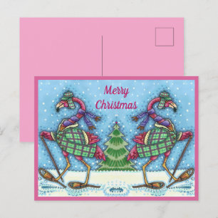 CARTES POUR FÊTES ANNUELLES HIVER SNOWSHOOWS & COAT PINK FLAMANT ROSE TREKKING