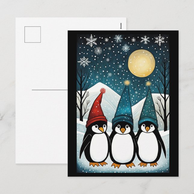 Cartes Pour Fêtes Annuelles hiver Snowy Mountain Père Noël Penguin Noël (Devant / Derrière)