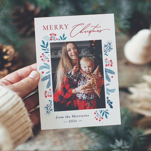 Cartes Pour Fêtes Annuelles Hiver Turquoise Feuilles Floral Berries Noël Photo (Créateur téléchargé)