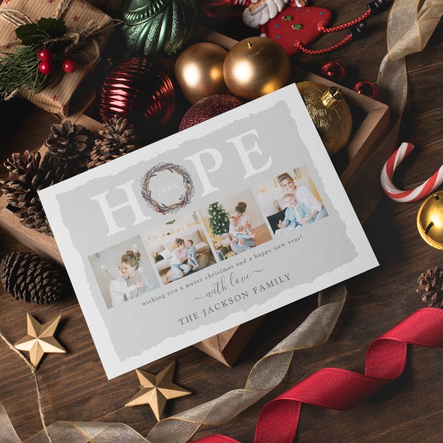 Cartes Pour Fêtes Annuelles Hiver Wreath HOPE Photo Collage Noël (Créateur téléchargé)