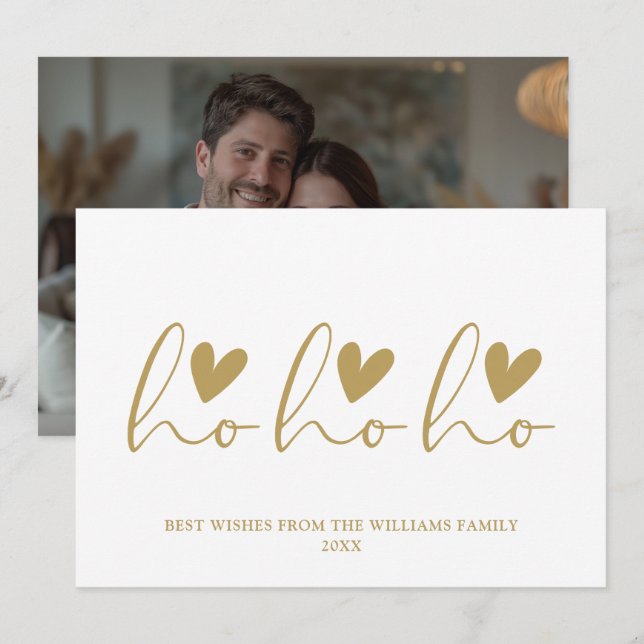 Cartes Pour Fêtes Annuelles Ho Ho Ho Gold Script Hearts Photo Noël (Devant / Derrière)