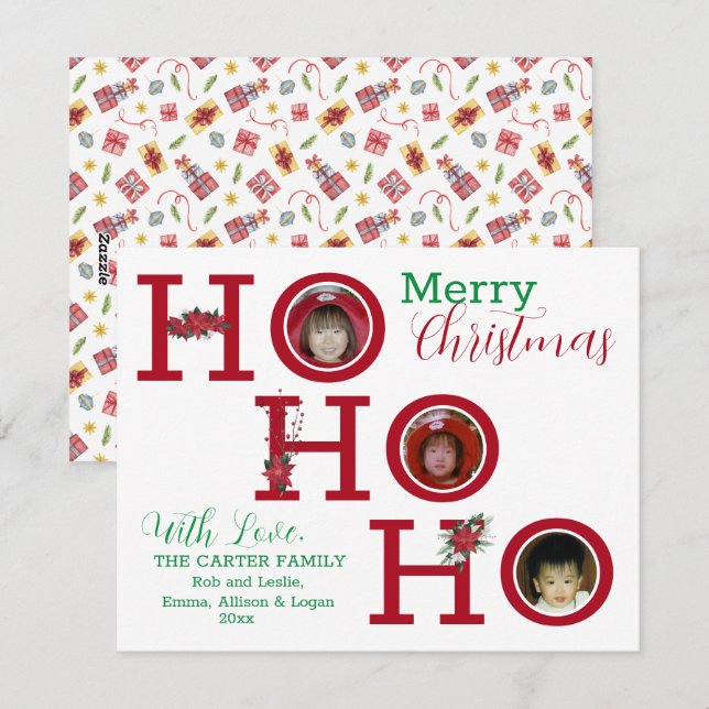 Cartes Pour Fêtes Annuelles HO HO HO Trois Photos Personnalisées (Devant / Derrière)