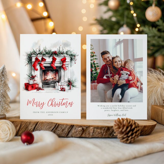 Cartes Pour Fêtes Annuelles Holiday Cozy Fireplace Christmas Family Photo (Créateur téléchargé)