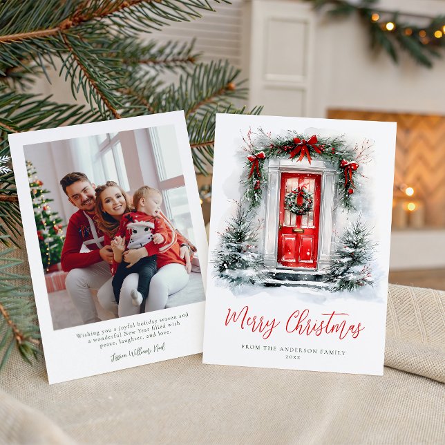 Cartes Pour Fêtes Annuelles Holiday Cozy Red Door Christmas Family Photo (Créateur téléchargé)