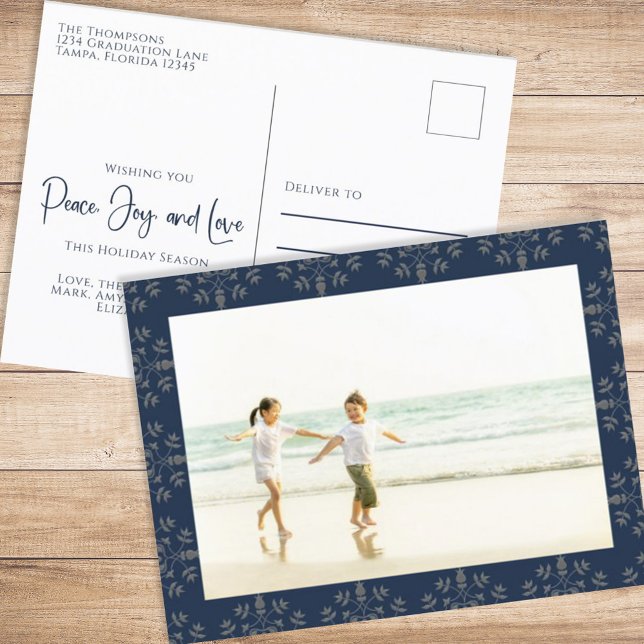 Cartes Pour Fêtes Annuelles Holiday Peace Jove Love Elegant Snowflakes 1 Photo (Christmas holiday simple photo postcard template with an elegant navy blue design. )