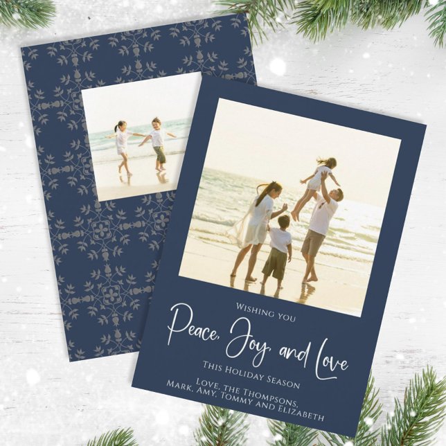 Cartes Pour Fêtes Annuelles Holiday Peace Jove Love Elegant Snowflakes 2 Photo (Christmas holiday simple peace, joy, and love navy blue photo card. )