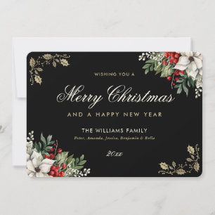 Cartes Pour Fêtes Annuelles Holly à l'aquarelle Baies rouges Poinsettia blanc