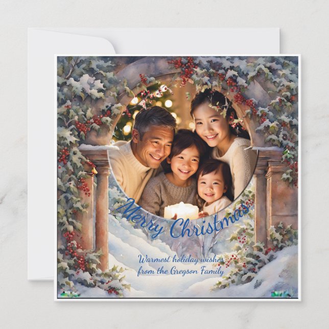 Cartes Pour Fêtes Annuelles Holly Arch personnalisé photo de Noël enchantée (Devant)