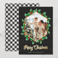 Holly Berries Black Gold Plaid Photo Noël