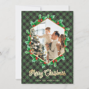 Cartes Pour Fêtes Annuelles Holly Berries Green Gold Snow Photo Noël