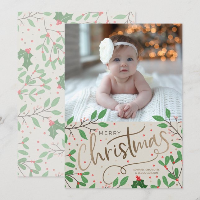 Cartes Pour Fêtes Annuelles Holly Berries Joyeux Noël Photo (Devant / Derrière)