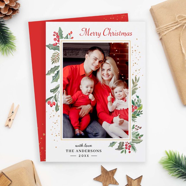 Cartes Pour Fêtes Annuelles Holly Berries Mistletoe Chic Joyeux Noël Photo (Créateur téléchargé)