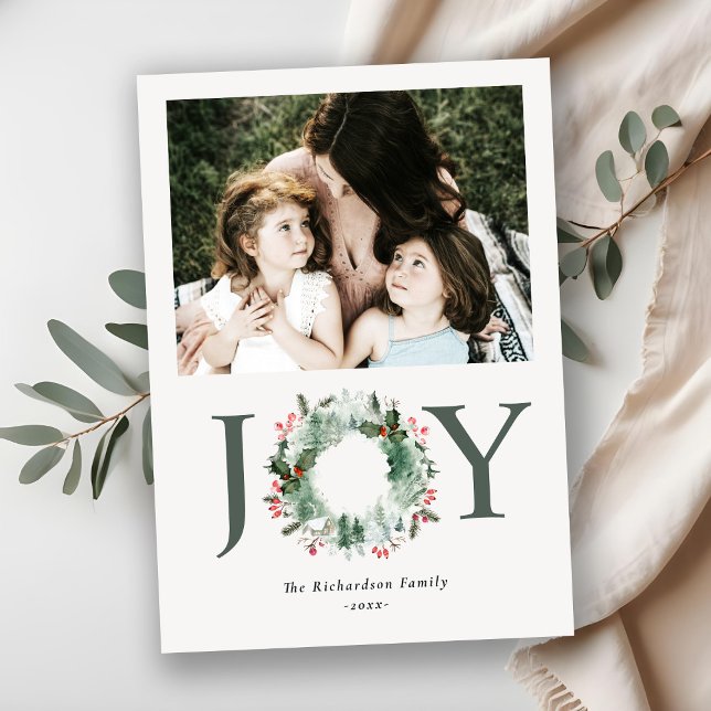 Cartes Pour Fêtes Annuelles Holly Berries Pine Joie Noël Wreath Photo (Créateur téléchargé)