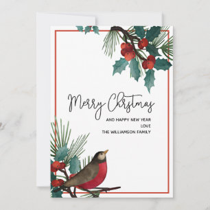 Cartes Pour Fêtes Annuelles Holly Berries Red Bird Joyeux Noël