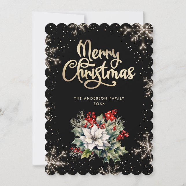 Cartes Pour Fêtes Annuelles Holly Berries Snowflakes Black Gold Christmas Card (Devant)