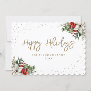 Cartes Pour Fêtes Annuelles Holly Berries White Poinsettia Élégant