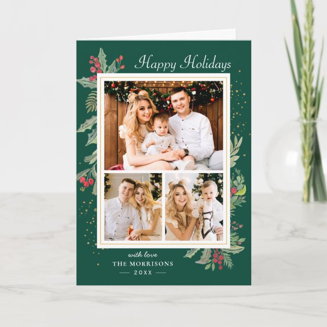 Cartes Pour Fêtes Annuelles Holly Berries Xmas Green Happy Holidays 3 Photo (Devant)