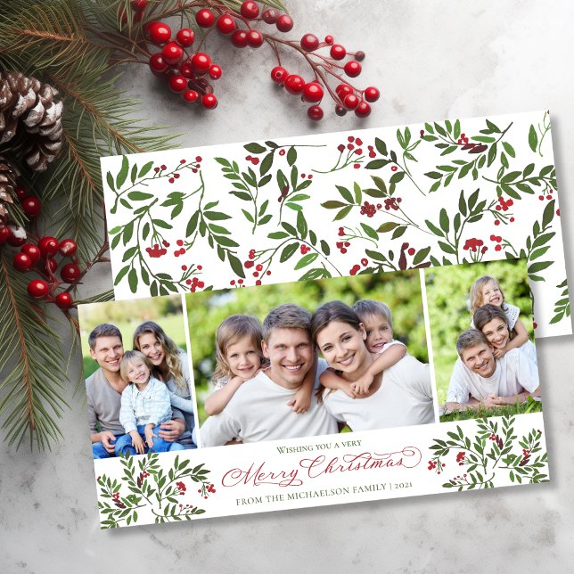 Cartes Pour Fêtes Annuelles Holly Berry 3 Photo Noël moderne (Holly Berry 3 Photo Christmas Modern Holiday Card)