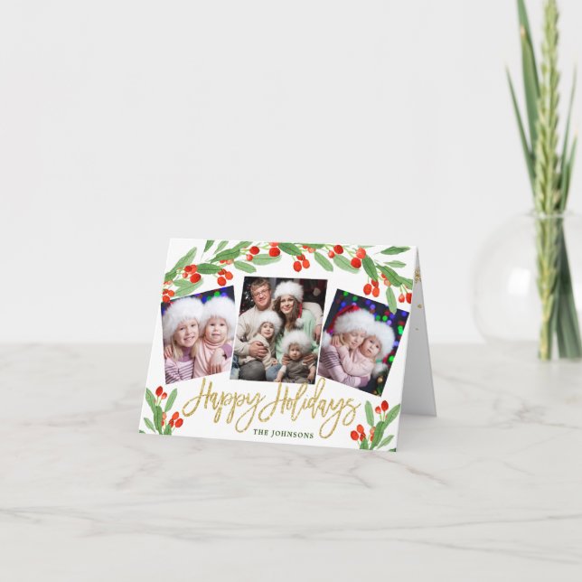Cartes Pour Fêtes Annuelles Holly Berry 4 PHOTO Noël Salutation repliée (Devant)