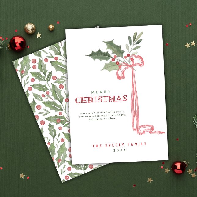 Cartes Pour Fêtes Annuelles  Holly Berry Bow Merry Christmas  (Créateur téléchargé)