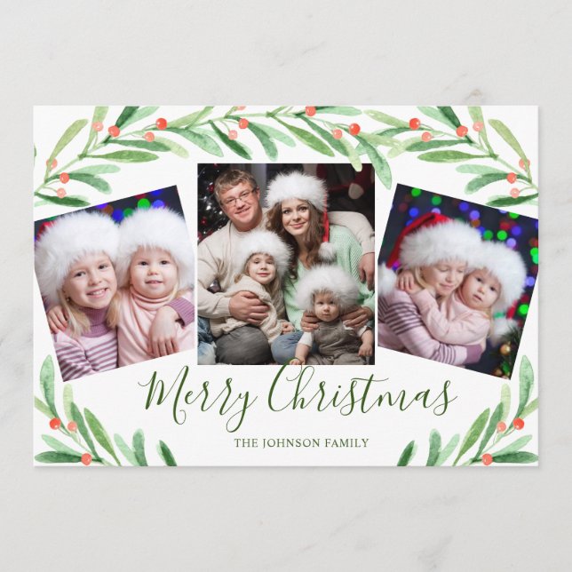 Cartes Pour Fêtes Annuelles Holly Berry Branch 3 PHOTO Noël Salutation (Devant)