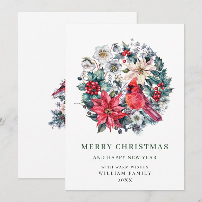Cartes Pour Fêtes Annuelles Holly Berry Cardinal Poinsettia voeux de Noël (Devant / Derrière)