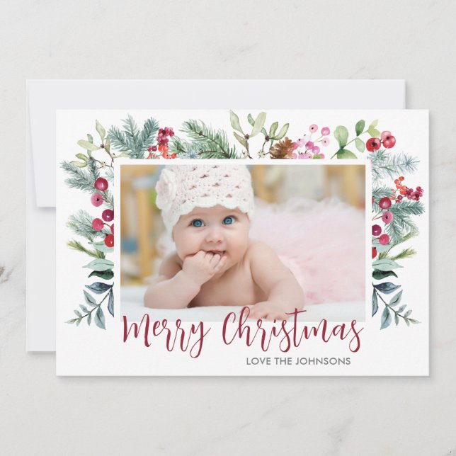 Cartes Pour Fêtes Annuelles Holly Berry Greenery Joyeux Noël Photo (Devant)