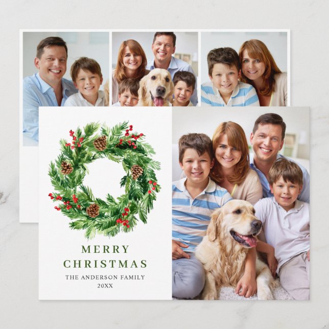 Cartes Pour Fêtes Annuelles Holly Berry Pine Cones Christmas Wreath 4 PHOTO (Devant / Derrière)